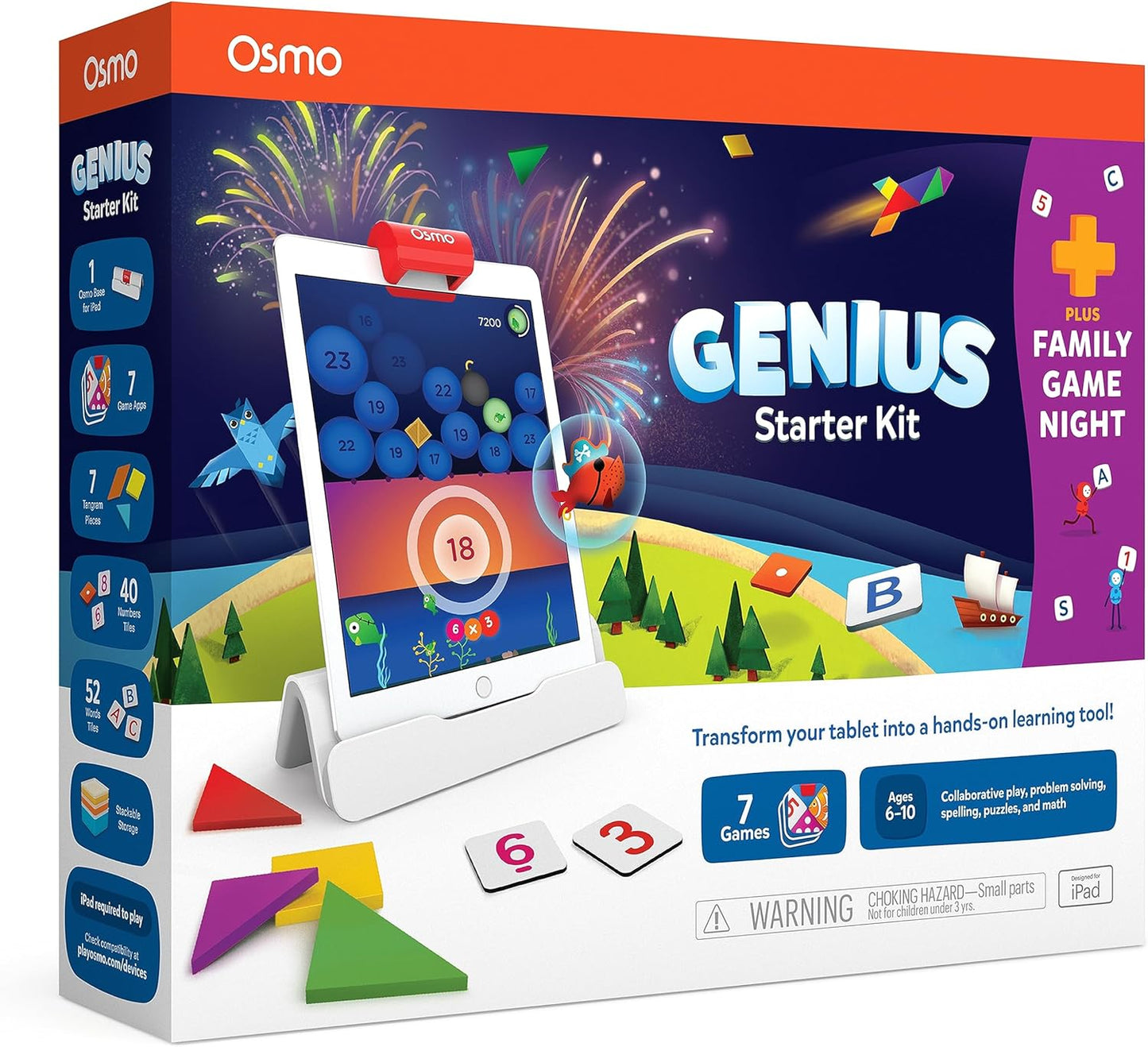 Osmo - Genius Starter Kit for iPad - 7 Educational Learning Games - Ages 6-10 - Math, Spelling, Creativity & More - STEM Toy Gifts for Kids, Boy & Girl - Ages 6 7 8 9 10 Base Included (7 Games, iPad)