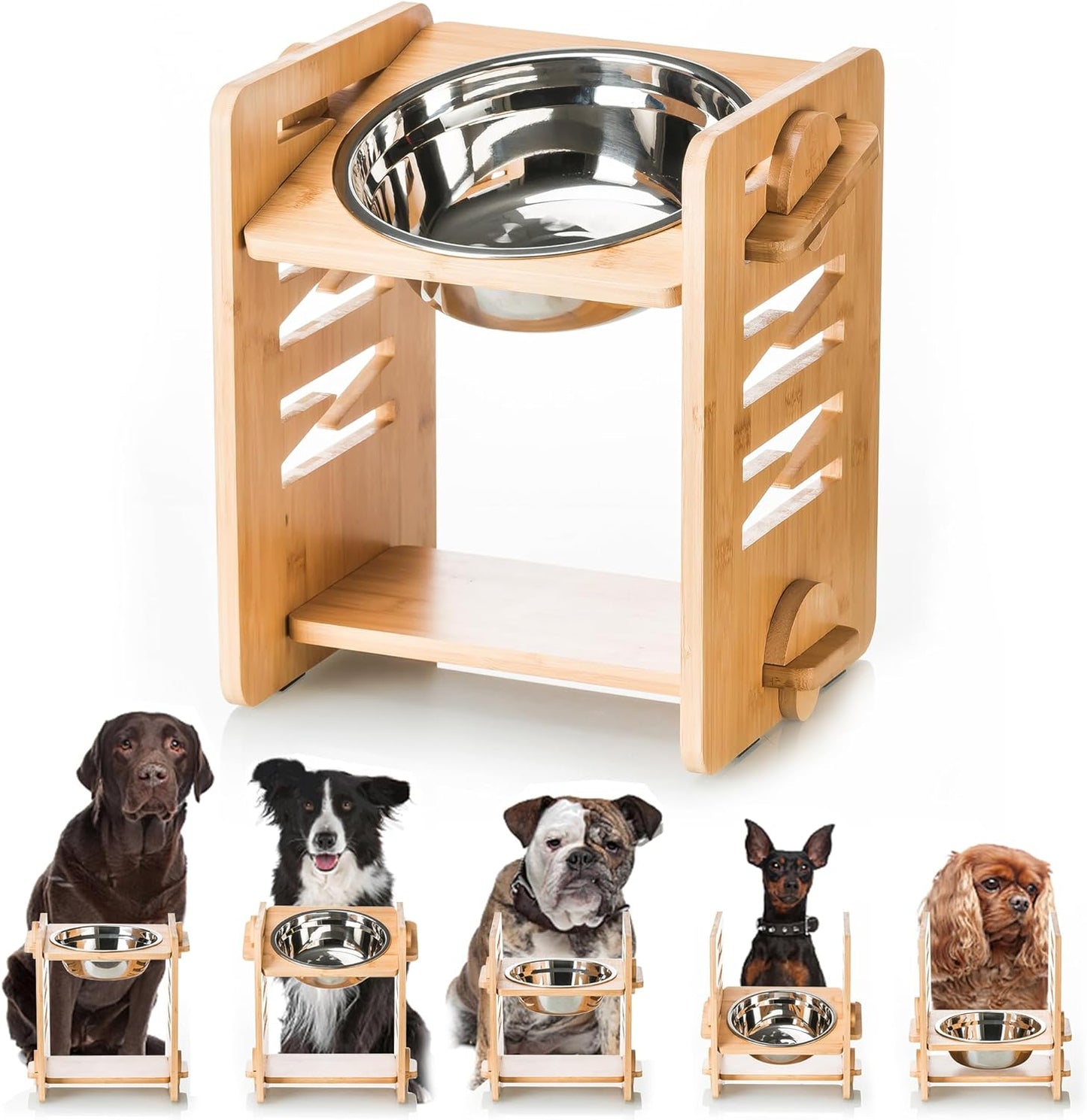 Elevated Dog Bowl 4.7″-11.8″with Food Grade 304 Stainless Steel 51 OZ, 9 Heights Bamboo Dogs Bowl Stand for Medium and Large Dogs, 1 Pack