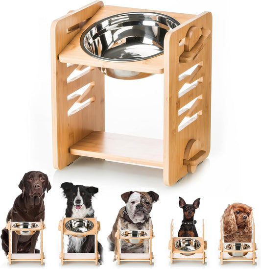 Elevated Dog Bowl 4.7″-11.8″with Food Grade 304 Stainless Steel 51 OZ, 9 Heights Bamboo Dogs Bowl Stand for Medium and Large Dogs, 1 Pack