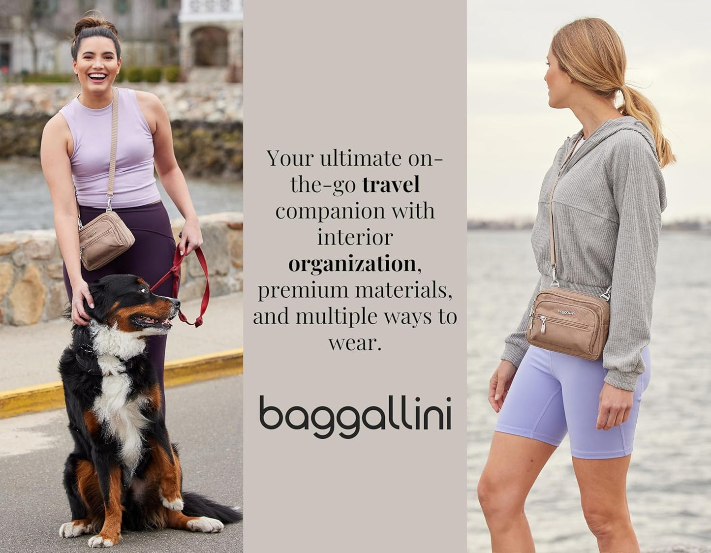 Baggallini Triple Zip Small Crossbody Bag for Women - 8x6 Lightweight Convertible Fanny Pack Belt Bag