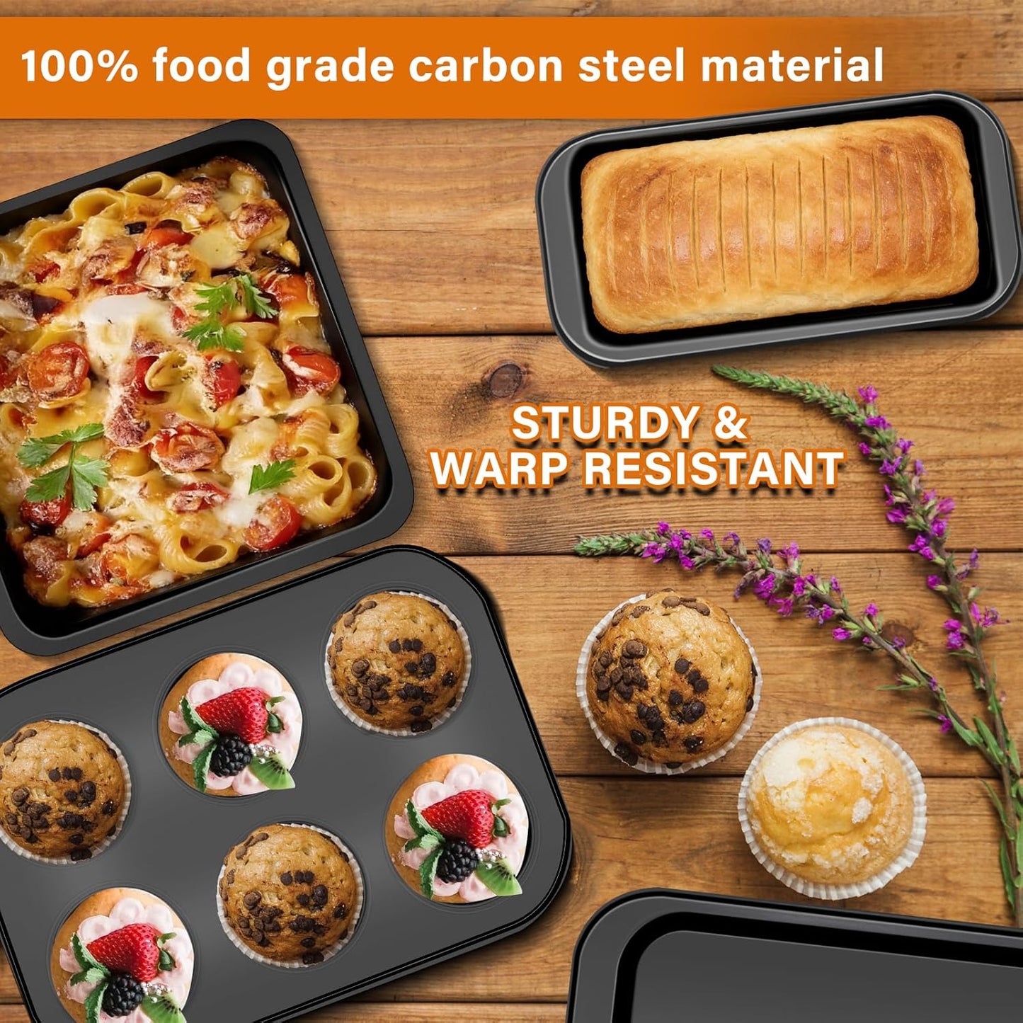 6-Piece Carbon Steel Bakeware Set, Nonstick Baking Pans with Cookie Sheet, Deep Roaster, Square Pan, Loaf Pan, Muffin Pan for Cooking,Baking Pans Set (black)