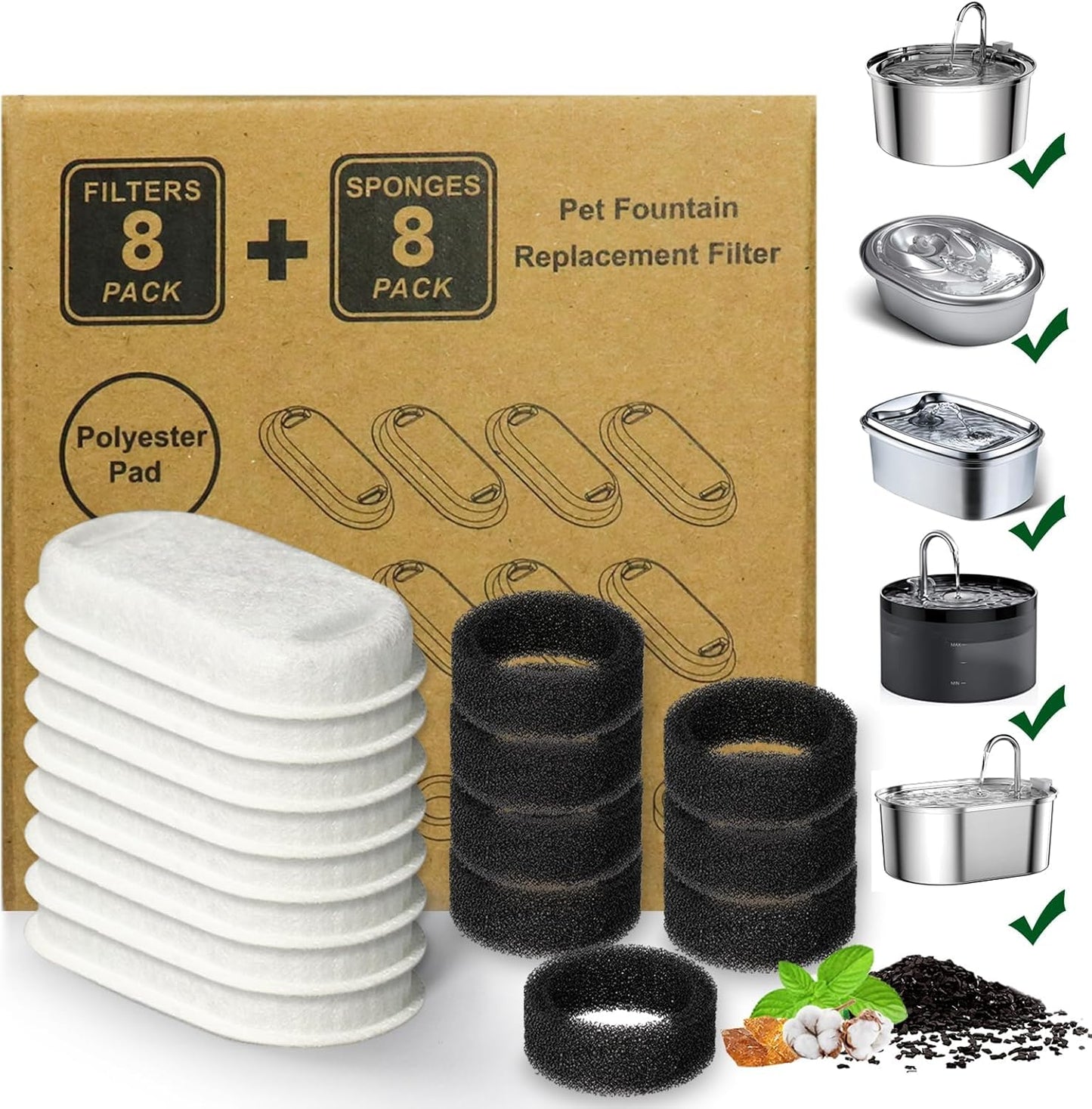 Cat Water Fountain Filters,16 Pack Cat Fountain Replacement Filters for Stainless Steel 67oz/2L Adjustable Water Flow Pet Water Fountain,Dog Water Fountain (16+16Pack)