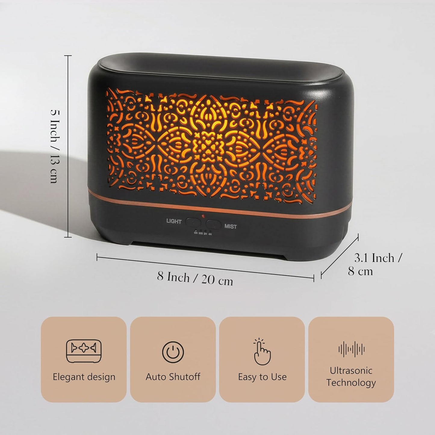 Earnest Living Essential Oil Diffuser Classic Flame Diffuser 200ml Timers Night Lights and Auto Off Function Home Office Humidifier Aromatherapy Diffusers for Essential Oils Black