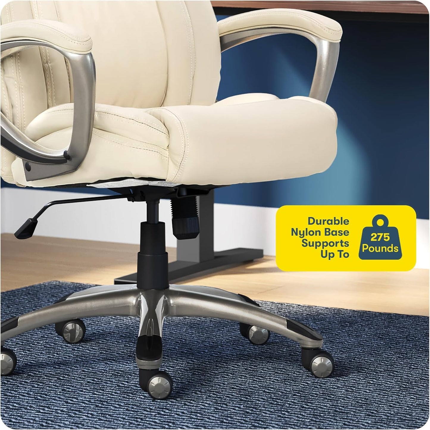 Serta Garret Executive Office Chair, Ergonomic Mid-Back with Lumbar Support, Semi-Plush Cushion and Body Pillows, Padded Armrests, Swivel Base, Bonded Leather, Ivory White