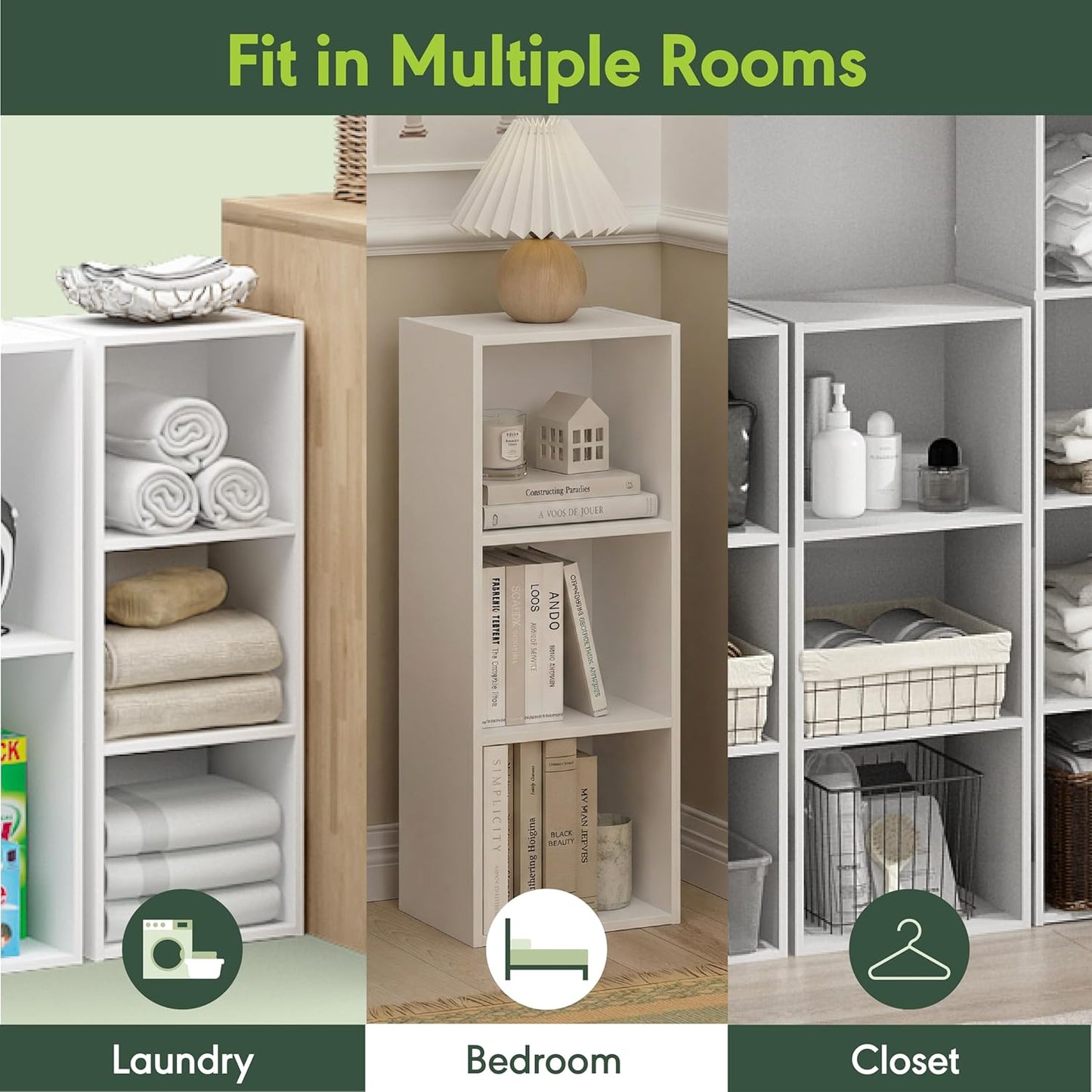 Furinno LUDER Book Shelf, 3-Cube Bookshelf, Bookcase with Open Shelves, 9.3 x 12 x 31.5, for Living Room, Bedroom, Home Office, White