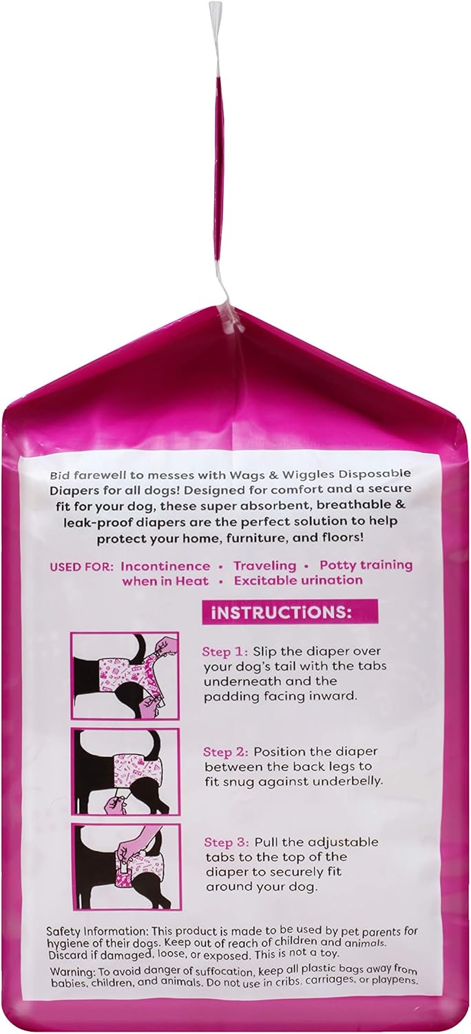 Wags & Wiggles Female Dog Diapers - Small Disposable Doggie Diapers for Dogs in Heat, Incontinence, Travel, or House Training, 15"-19" Waist, 12 Count