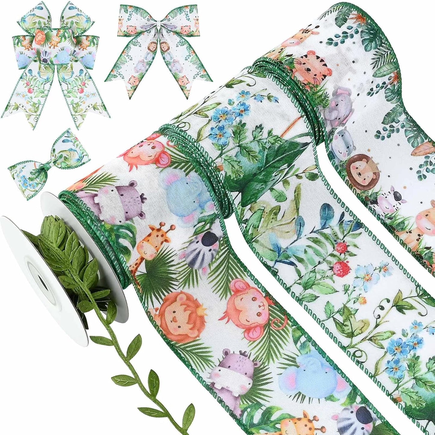 4Rolls 20 Yards Jungle Animal Diaper Cake Wired Ribbon 2.5 Inch Forest Green Leaf Ribbons Cute Animal Print Ribbons for Diaper Wrapping Birthday Baby Shower Craft Supplies