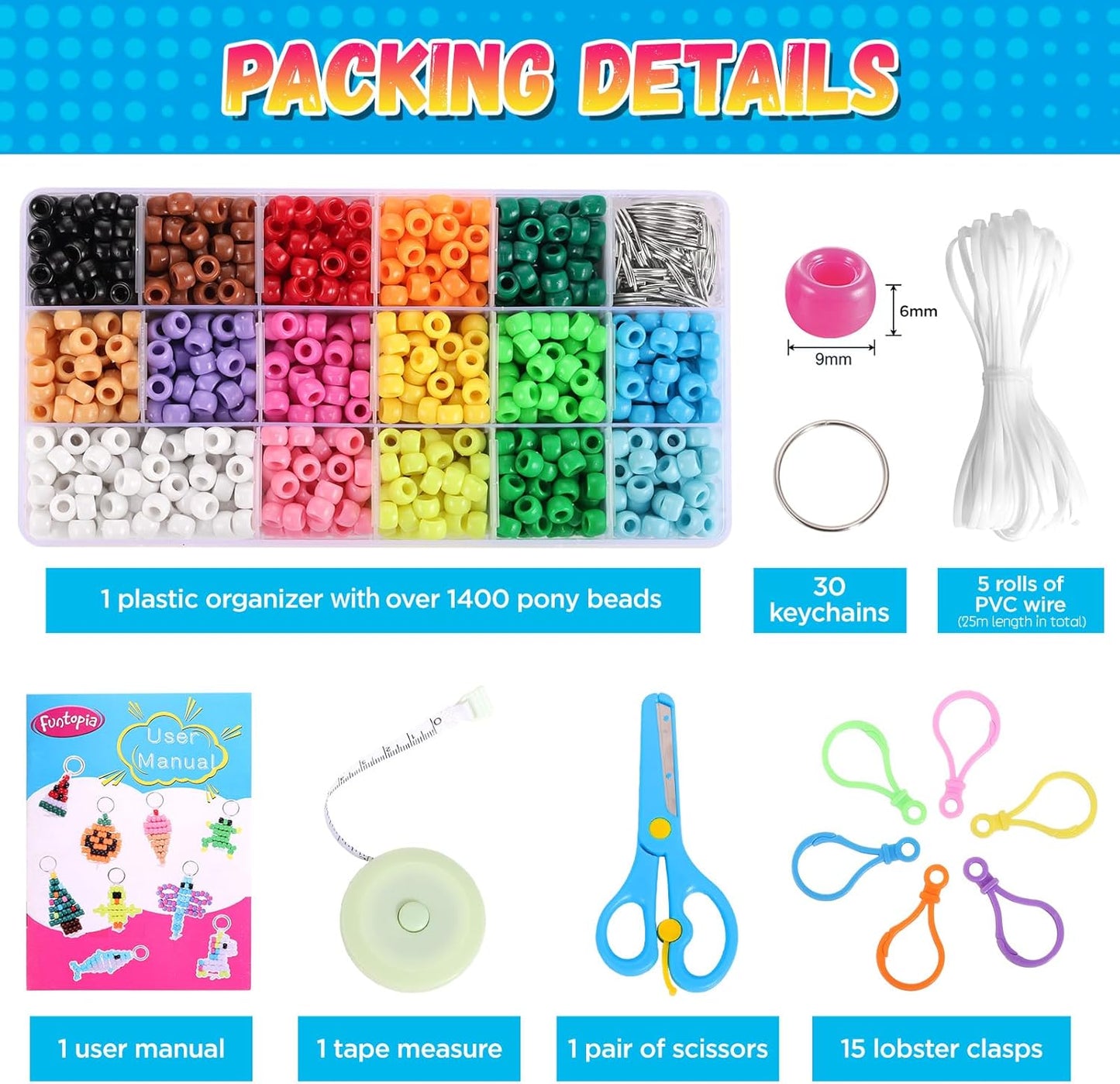 Funtopia Beads for Crafts, Pony Beads Keychain Making Kit, Bead Pets Art Crafts for Kids Beginners, Birthday Party DIY Craft for Girls Boys (1500 Bead, 30 Designs)