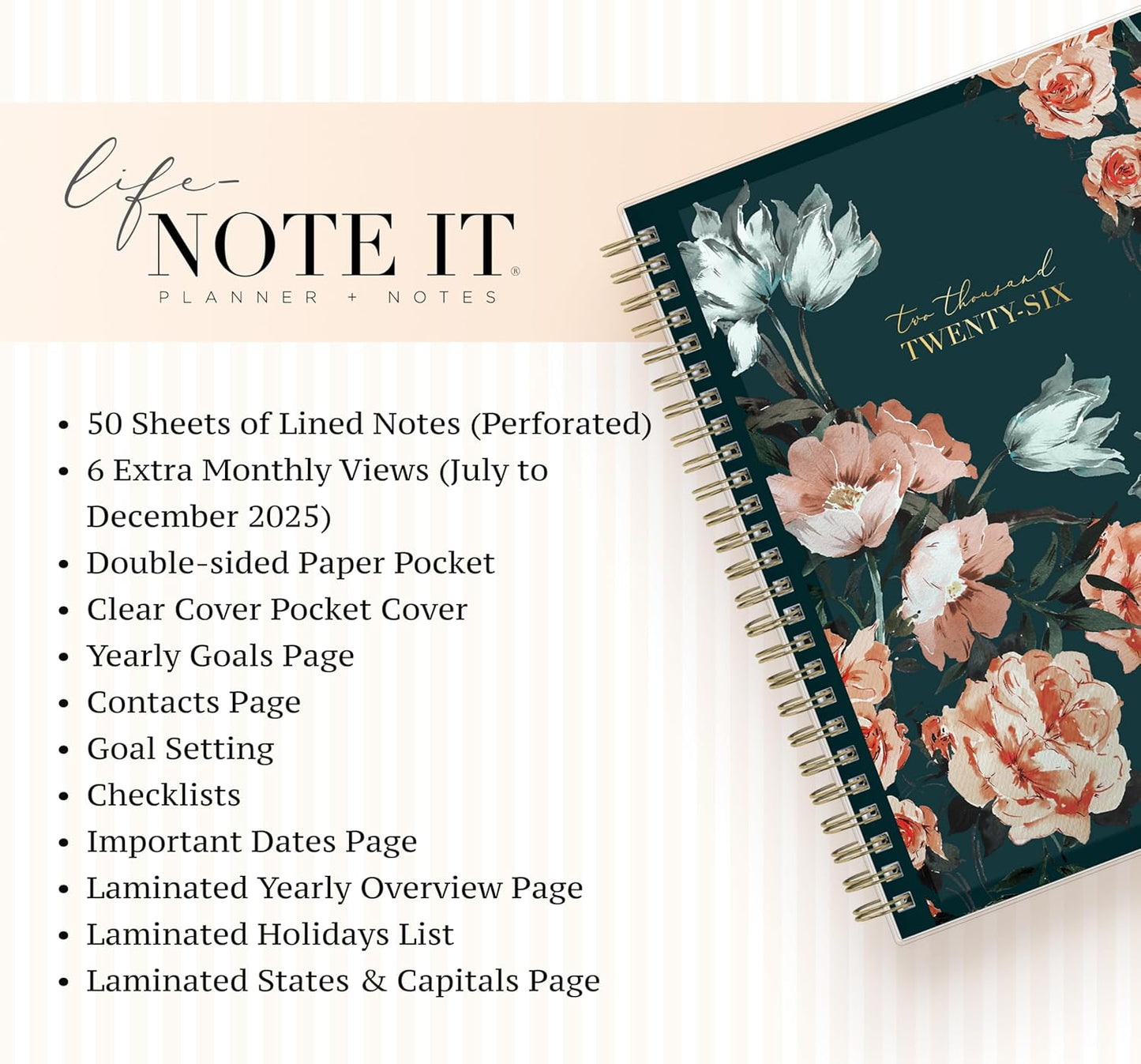 Blue Sky Life Note It 2026 Weekly and Monthly Planner Notes, January 2026 - December 2026, 5.875" x 8.625", Clear Pocket Cover, Durable Twin Wire Binding, Storage Pocket, 50 Perforated Notes Sheets, Dania Dark