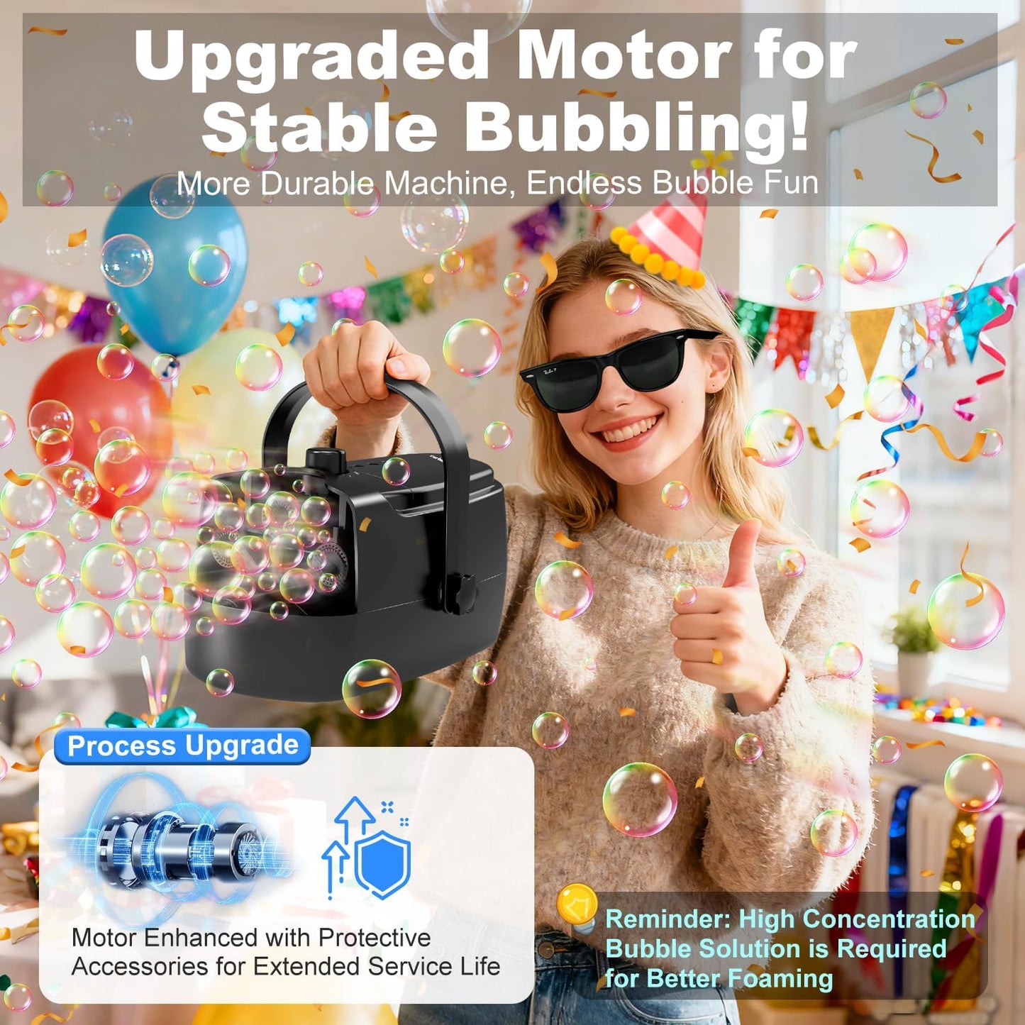 Bubble Machine Durable Automatic Bubble Blower, 18000+ Big Bubbles Per Minute Bubbles for Kids Toddlers Bubble Maker Operated by Plugin or Batteries Bubble Toys for Indoor Outdoor Birthday Party