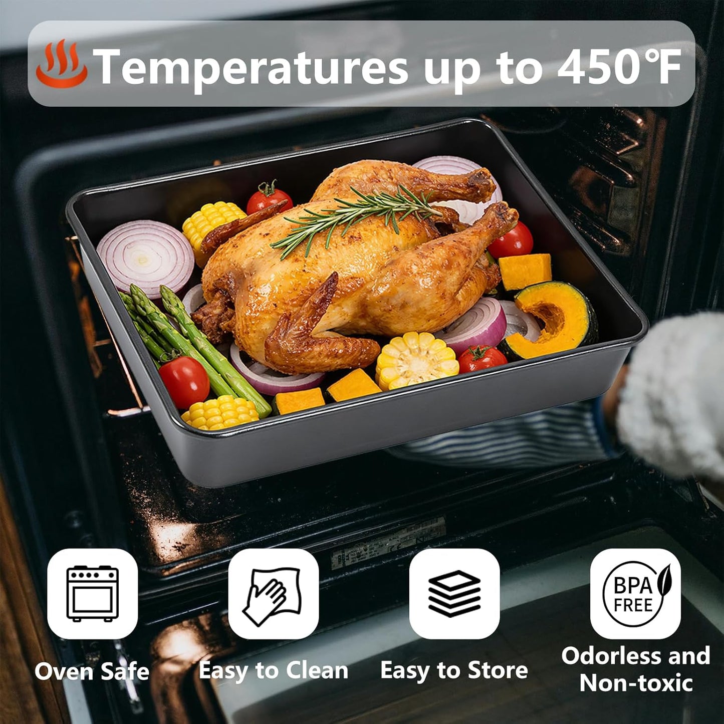 3-Pack Roasting Pan Set, Nonstick Baking Tray Set, Rectangular Bakeware for Oven, Non-Toxic Coating and Durable Quality (Black)