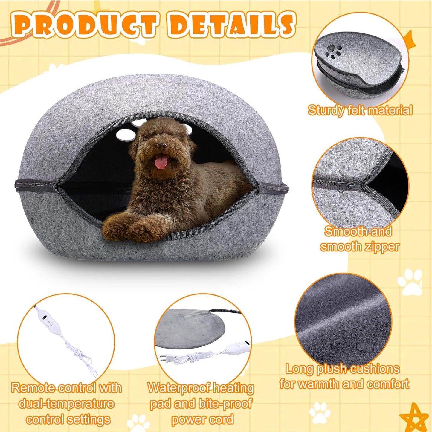 Heated Cat Bed, Indoor Heated Cat Cave, Warmer Thermal Pet Bed with Removable Waterproof Heater for Kitty Small Dogs Gray (18.1 x 15 x 9.8 Inches)