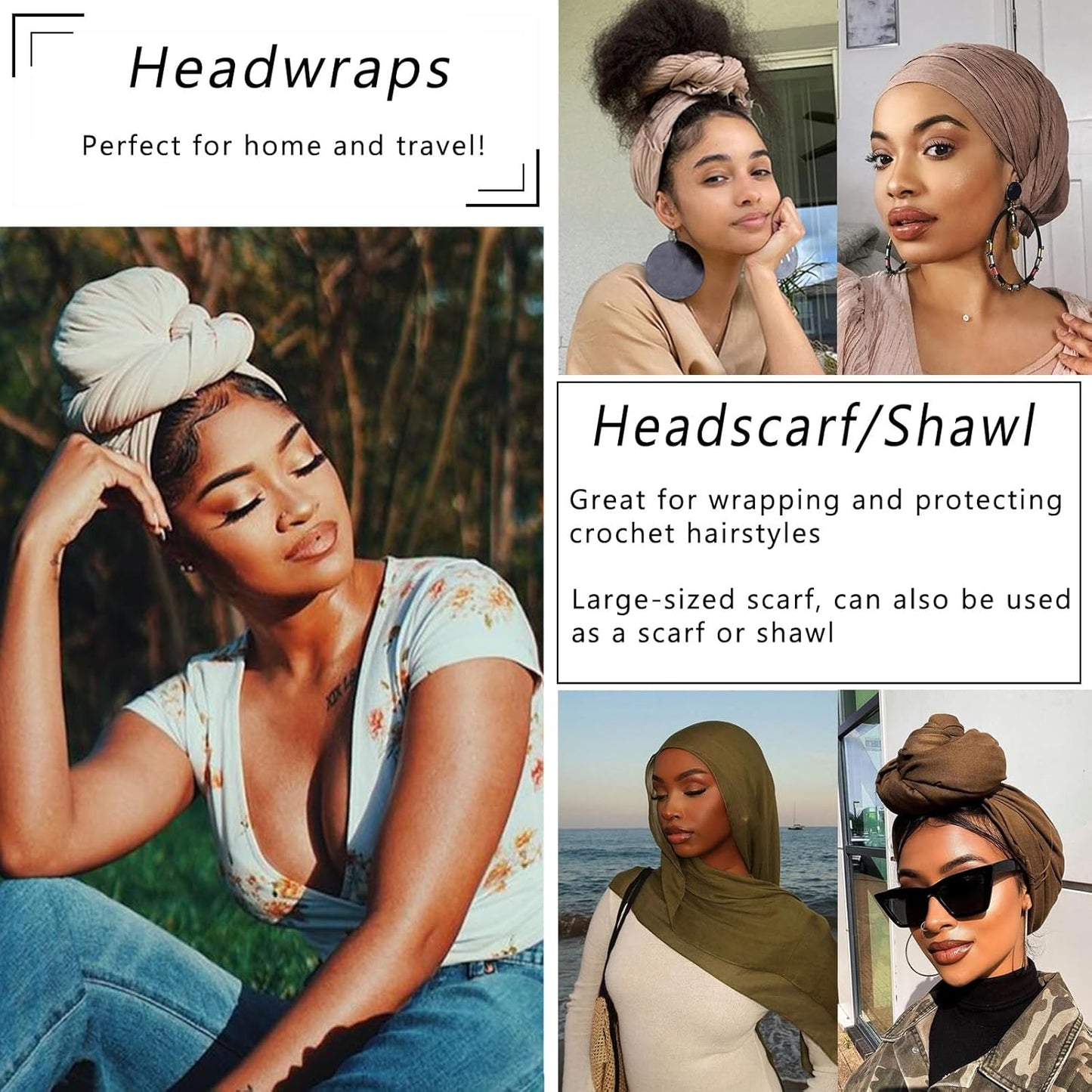 COOKOO 2 Piece Solid Color Stretch Jersey Head Wrap Long Scarf Long African Hair Wraps Stretch Hijab Extra Fashion Head Scarf Soft Head Wraps for Women(Black+Camel)