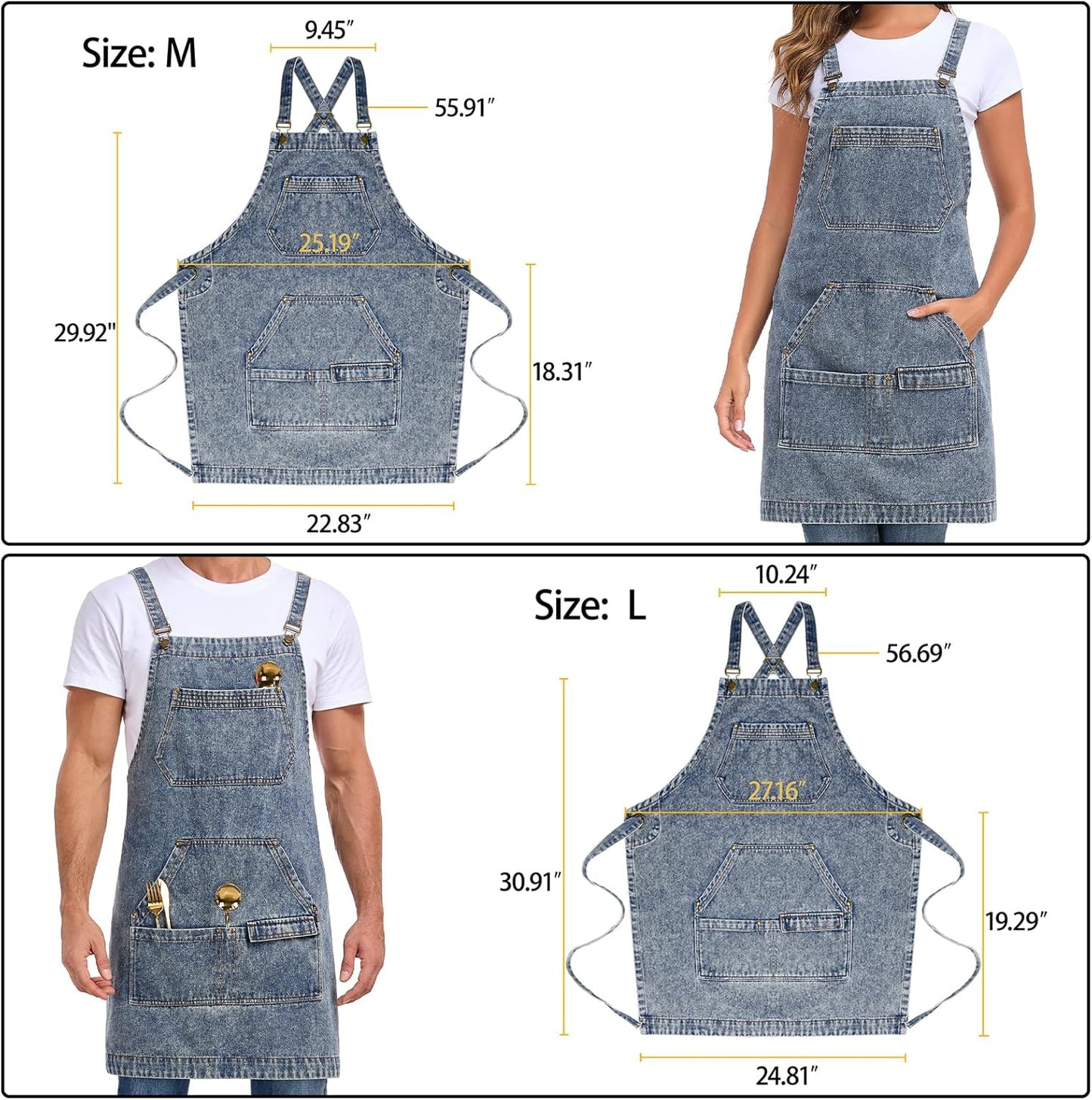 Denim Apron with Pockets, Cross Back Apron for Men Women, Jean Work Aprons for Hairstylist Barber Grilling Gardening, Adjustable S to L