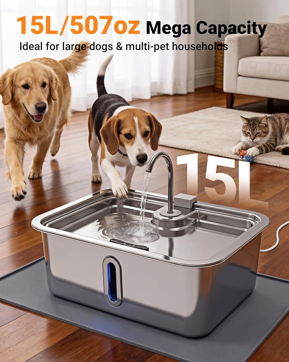 15L/3.96Gal Extra Large Dog Water Fountain Bowl with Visual Alert, Pet Feeding Mat and 3 Filters Kit, Automatic Water Dispenser for Dogs Cats