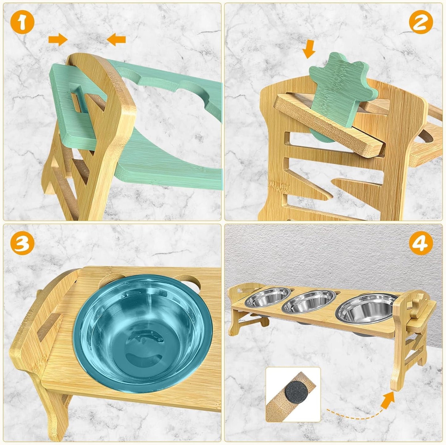 Elevated Cat Bowls 15° Tilted : 3-Pack Stainless Steel Food Bowls with Bamboo Stand - Anti-Overflow, Dishwasher Safe, 6 Adjustable Heights and Whisker Fatigue Relief for Indoor Cats