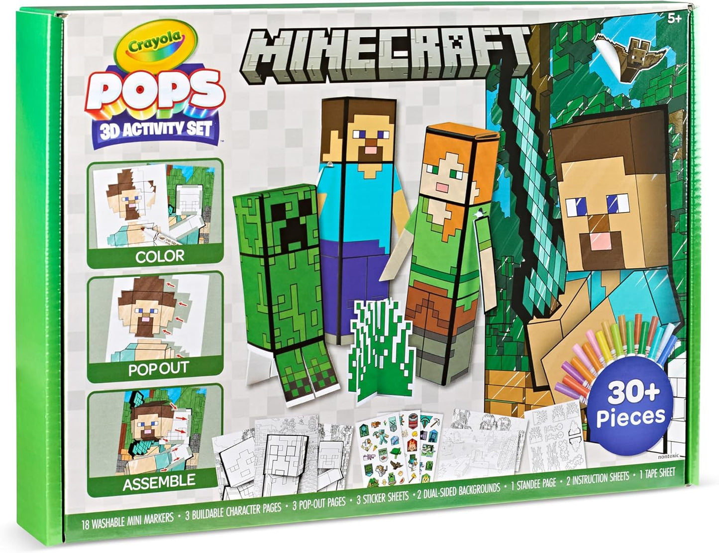 Crayola Minecraft POPs 3D Art Kit for Kids, Create 3D Characters, Coloring Activity Set with Markers & Stickers, Minecraft Toys, Gift for Boys & Girls
