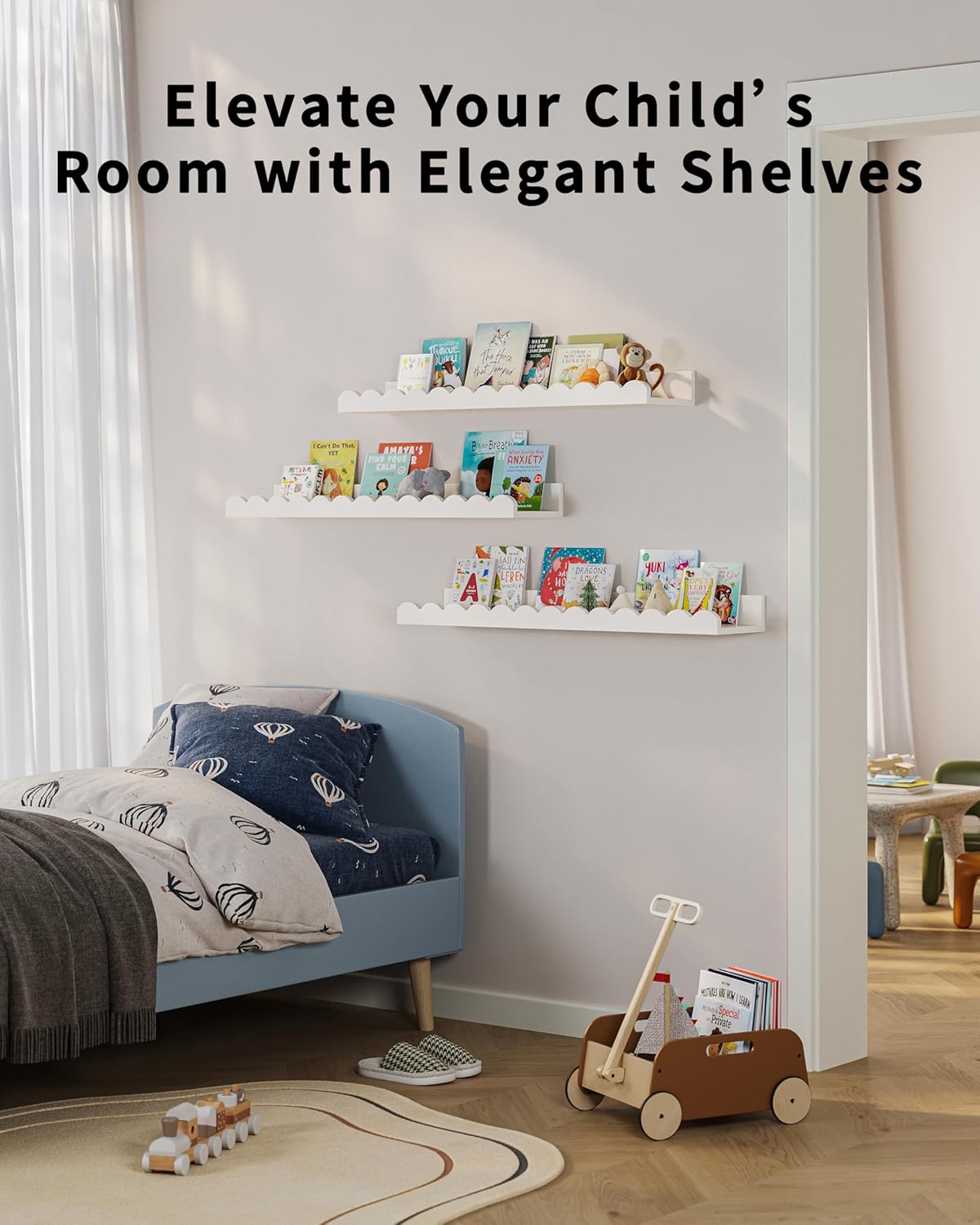 G&W Gruwald Nursery Book Shelves, Set of 3, Nursery Decor for Baby and Toddler, Scalloped Shelves, Book Shelf for Kids Rooms, Wall Book Shelf for Bedroom Kids, Floating Shelf for Wall
