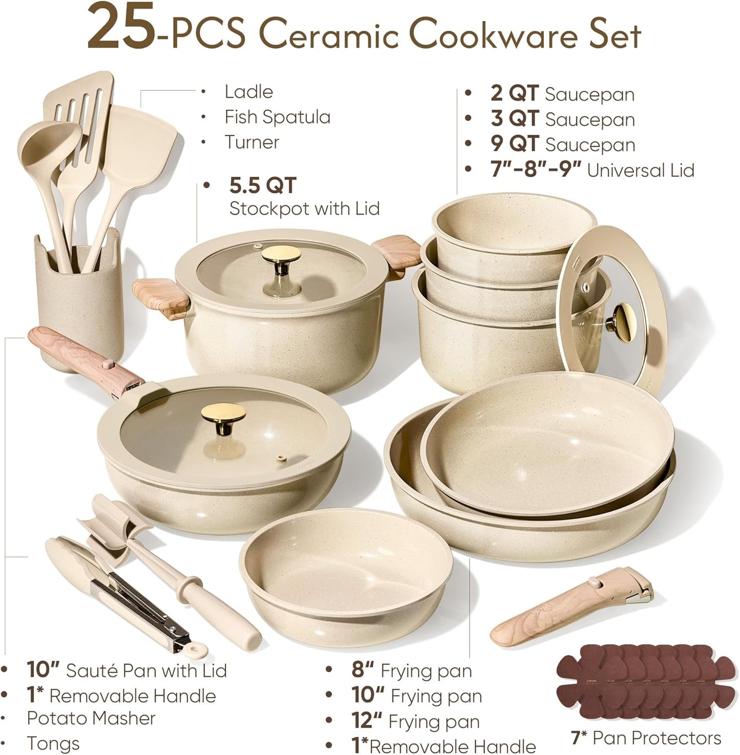 CAROTE 25PCS Ceramic Cookware Set, Pots and Pans set Non Stick, RV Kitchen Cooking Set Removable Handles, Oven Safe, Induction Cookware, Non-toxic Kitchen Cooking Set, PFAS and PFOA Free