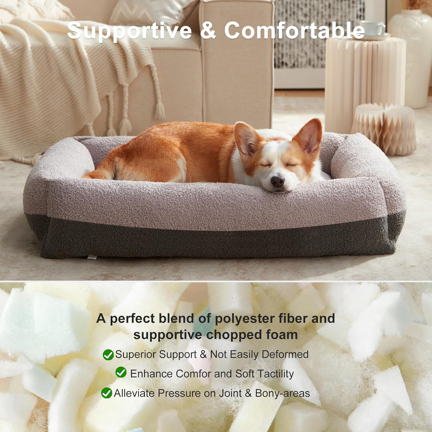 FURTIME Dog Bed Large Sized Dogs, Washable Comfy Fluffy Medium Dog Beds, Removable Zipper Cover Machine Wash, Soft Orthopedic Bed Durable Pet Cuddler with Anti-Slip Bottom, 36"x27"x8", Grey