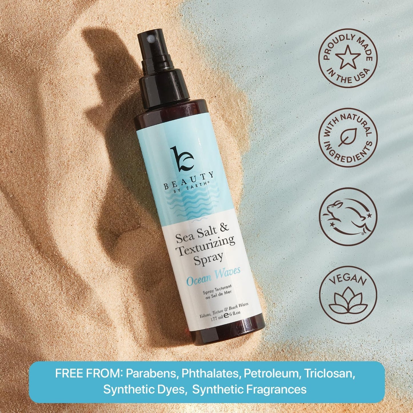 Beauty by Earth Sea Salt Spray - Aloe-Enhanced Beach Waves without Dryness, Texture & Volume Spray for All Hair Types, USA Made with Organic Ingredients, Ocean Waves Scent 6oz