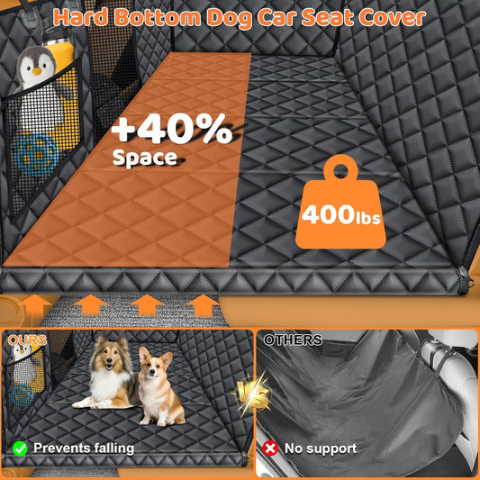 URPOWER Backseat Extender for Dogs - Hard Bottom Dog Car Seat Cover for Back Seat, Dog Hammock for Car and SUV, Pet Rear Seat Protector Dogs Travel Bed with Mesh Window & Side Flaps