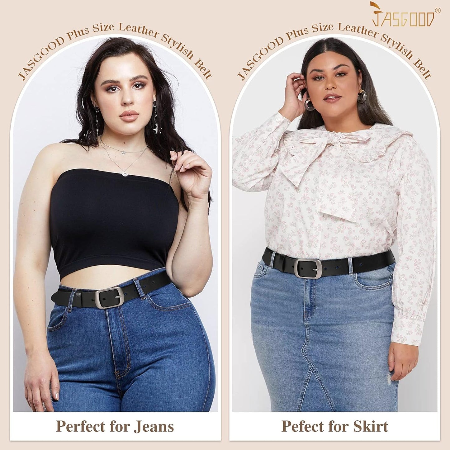 JASGOOD Plus Size Women Leather Belt Black Casual Waist Belt for Jeans Pants with Metal Pin Buckle