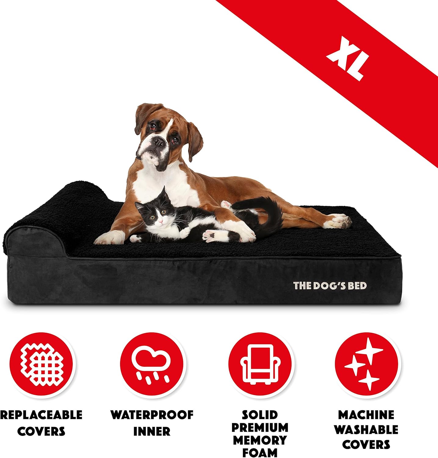 The Dog’s Bed Orthopedic Memory Foam Dog Bed with Headrest, Plush Fabric, Black Plush, XL, 6-Inch