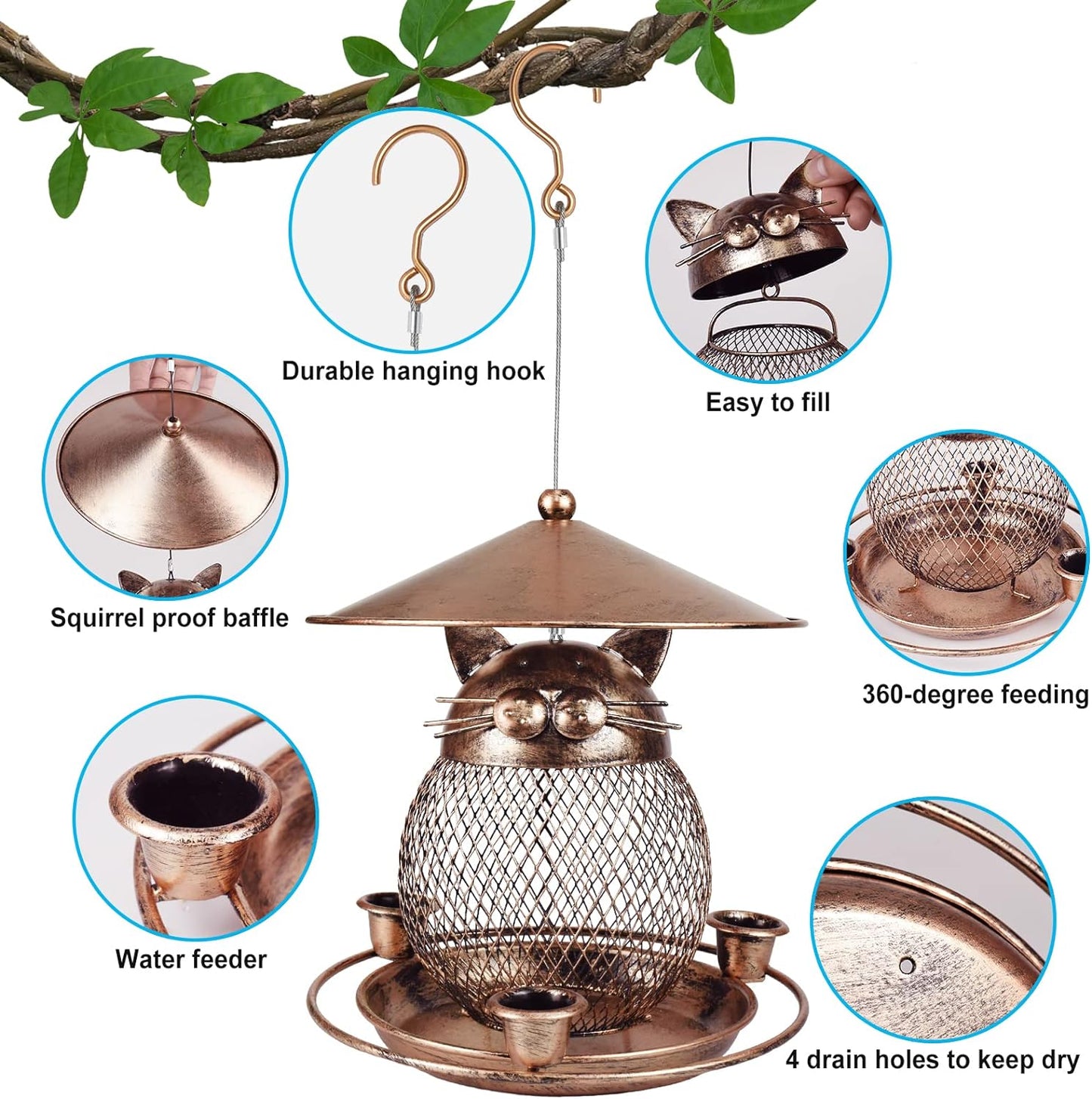 LBTING Bird Feeder for Outdoor, Squirrel Proof Metal Wild Bird Feeder Decoration for Hanging Outside Garden Yard, Cute Cat-Shaped