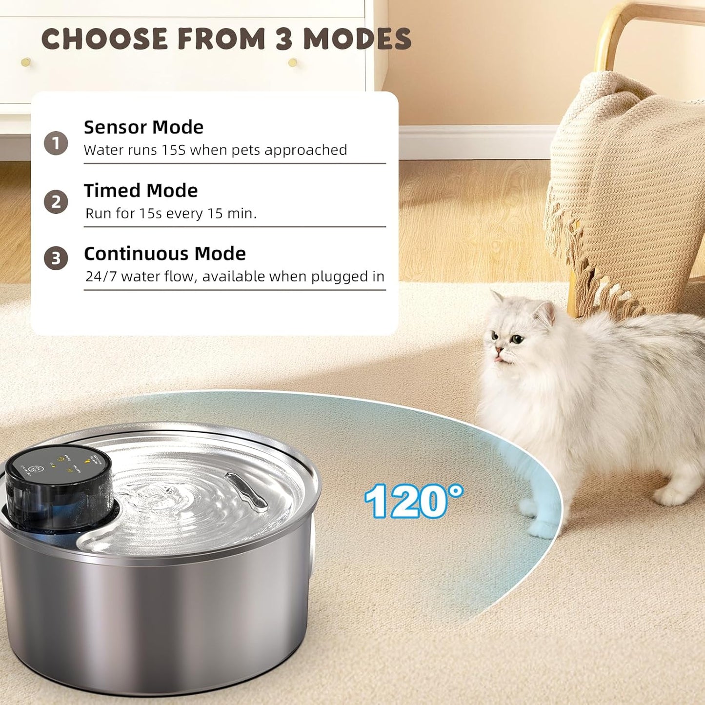 Casfuy PWL-003 Smart Motion Sensor Cordless Stainless Steel Dog & Cat Water Fountain, 108-oz