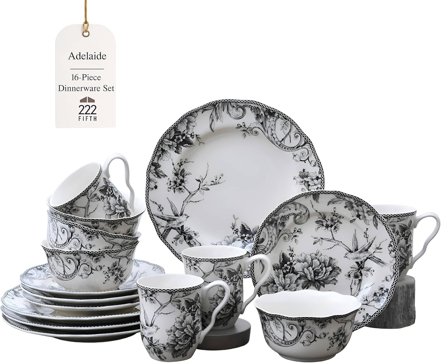 222 Fifth Adelaide 16-Piece Black Porcelain Dinnerware Set – Service for 4, Featuring Hand-Applied Romantic Woodland Bird Design, Everyday Big Dinner Plates and Bowls Sets, Microwave & Dishwasher Safe