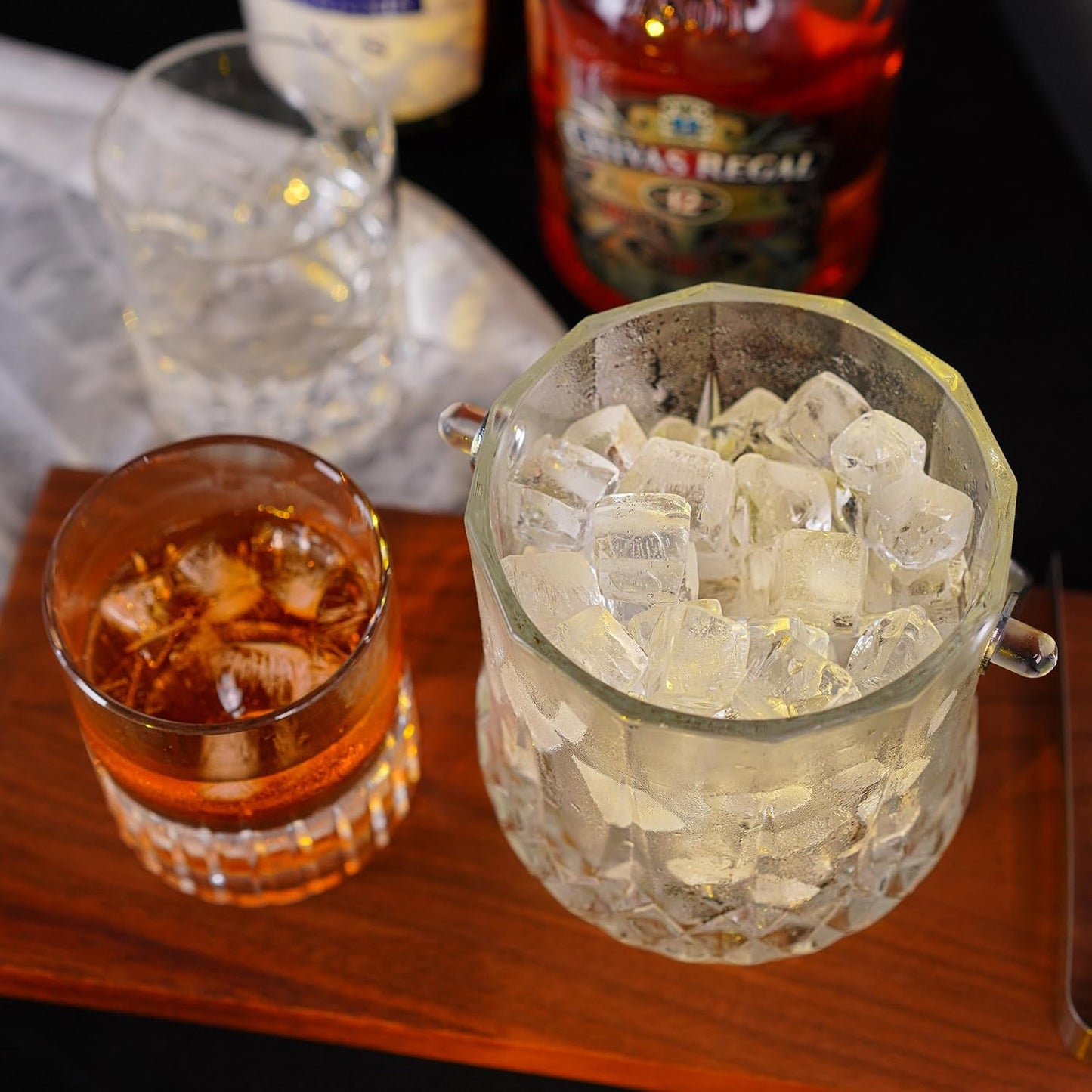 Glass Ice Bucket with Handle and Ice Tong Holds 37oz of Ice Clear Crystal Ice Buckets for Cocktail Bar Wine Home Bar Accessories Parties Clear Champagne Bucket