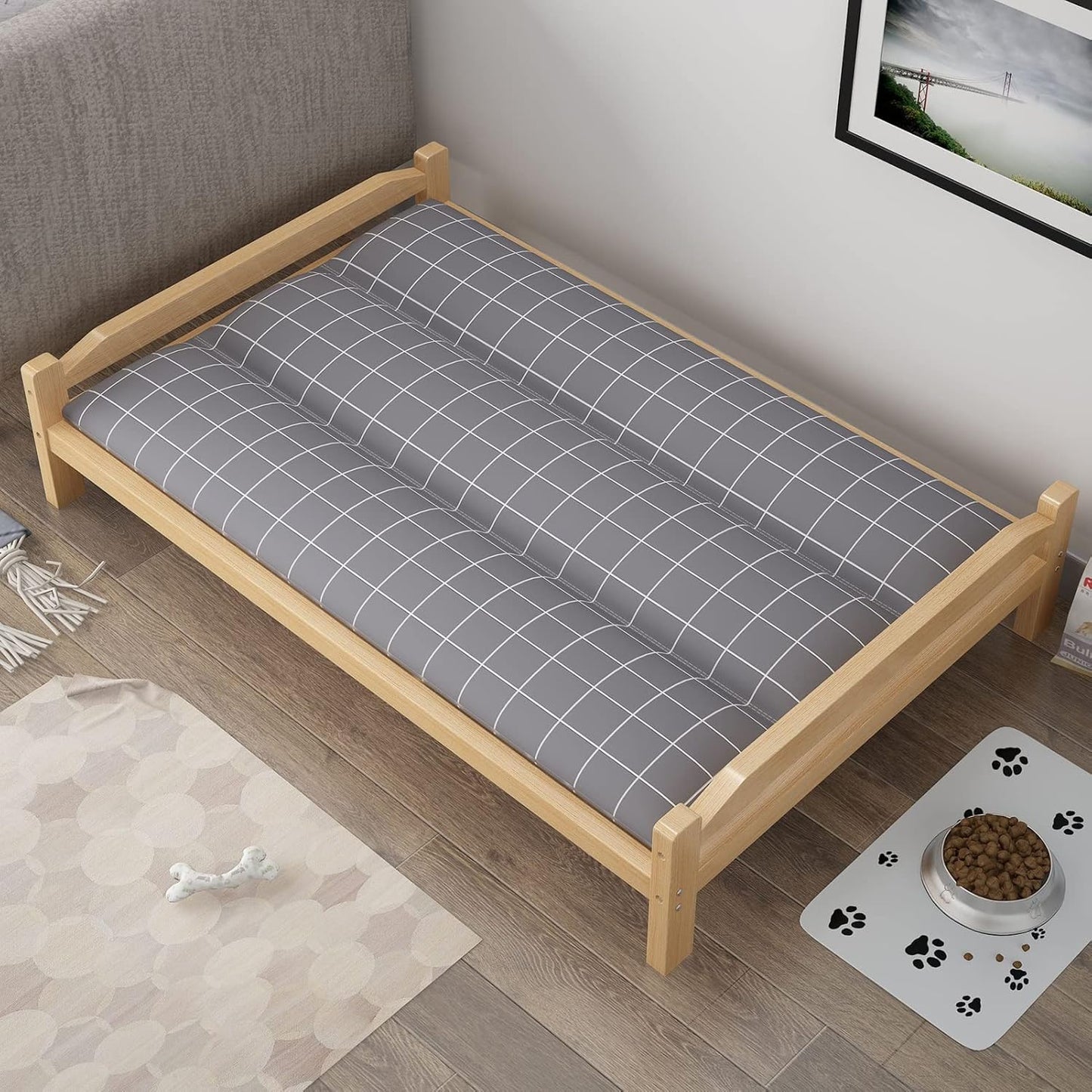 Pet Bed Wooden Raised Dogs Cot with Grey Mattress, Orthopedic Joint Relief Elevated Pet Cat Bed Frame, for Indoor, Outdoor, Training, Easy Assemble (Size : L-91x56x25cm/35.8x22x9.8) ()