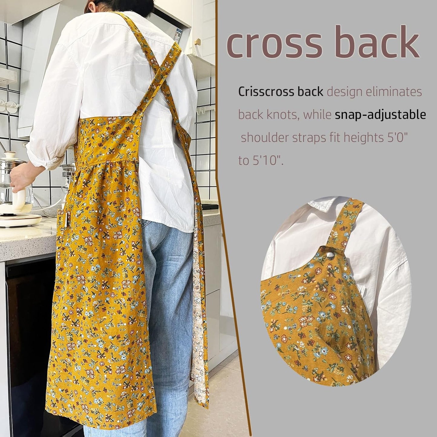 Cityelf Vintage Pinafore Apron Dress Snap Adjust Linen Cotton with Pockets Floral Aprons for Cooking Gardening