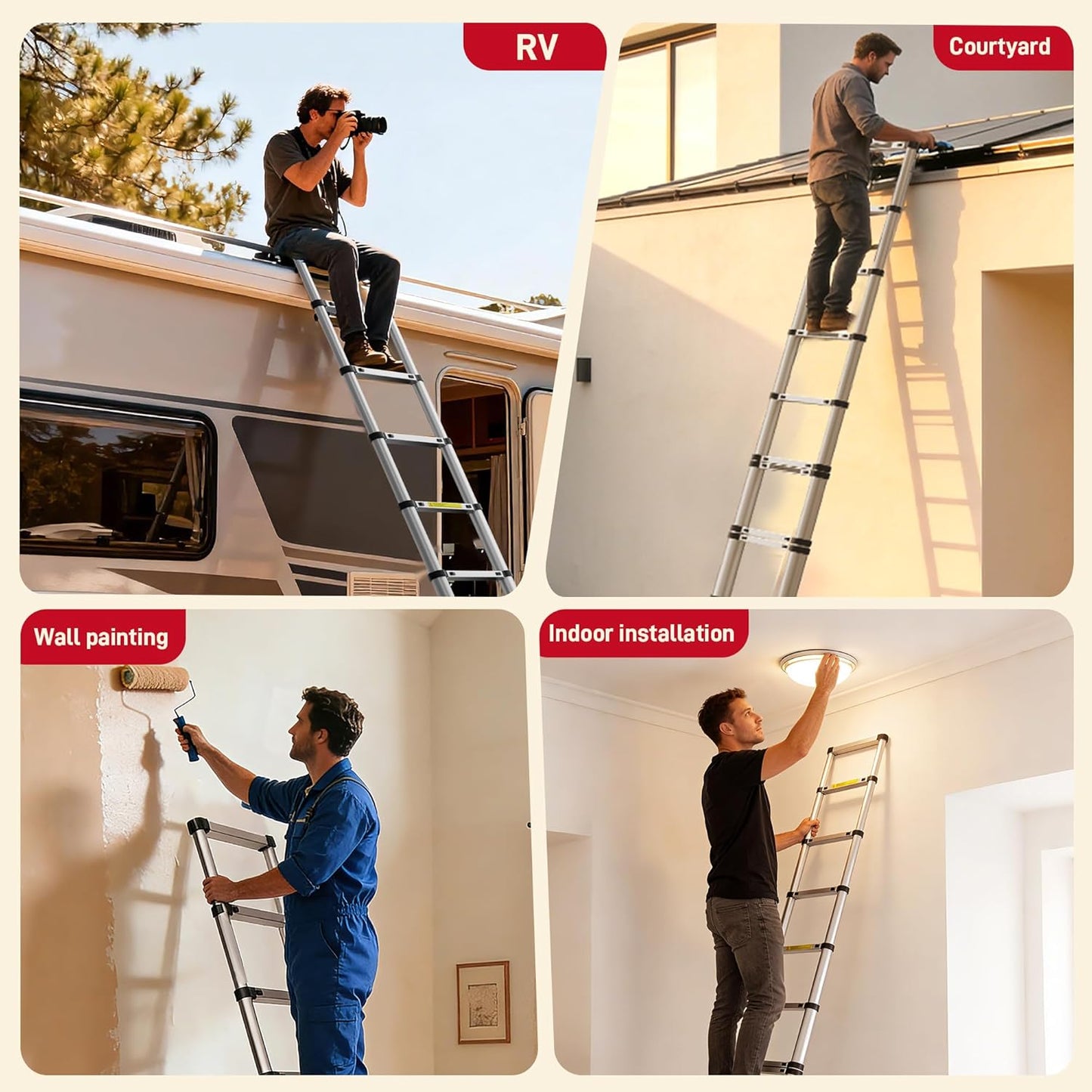 Telescoping Ladder 12.5 FT,CE ANSI Certified Aluminum Extension Ladder with 2 Triangular Stabilizers,330 lbs Max Capacity Multi-Purpose Portable Collapsible Ladder for RV,Outdoor Work Silver