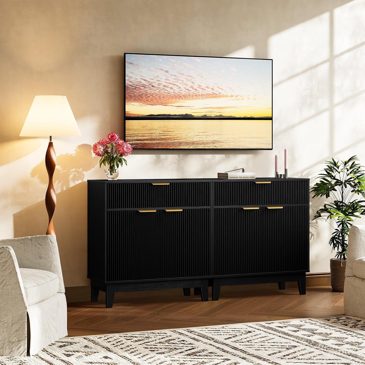 Fluted Buffets Sideboard, Buffet Sideboard with 1 Drawer & 1 Door, Kitchen Storage Cabinet with Adjustable Shelf and Slanted Legs, Buffet Cabinet for Kitchen, Living Room, Black MCB02BB