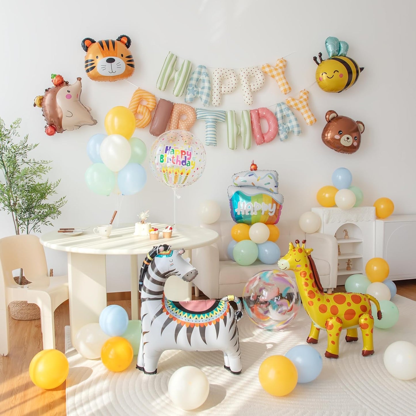 Animals Happy Birthday Foil Balloon Decorations Kit for Kids Birthday, Jungle Zoo Theme Zebra Giraffe Tiger All-In-One Party Supplies with Birthday Banner (Animal Birthday Set)