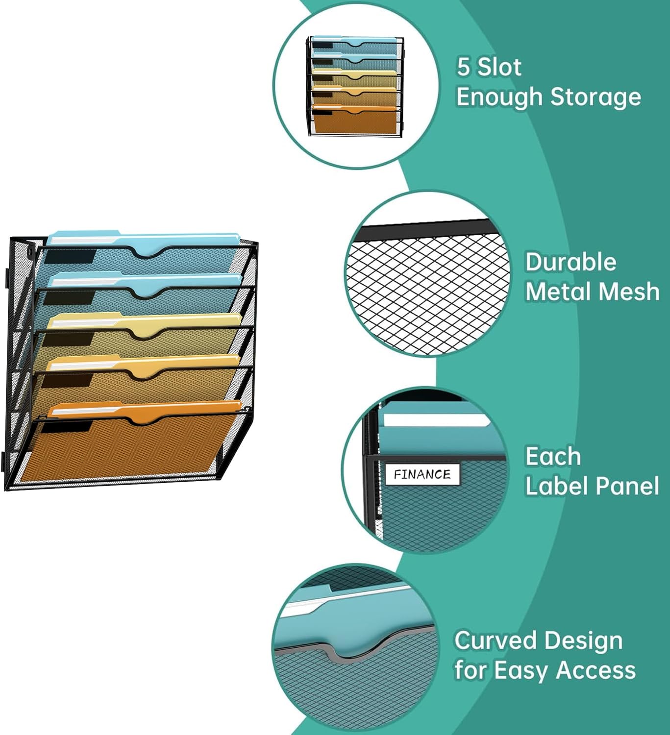 SUPEASY 5 Tier Wall File Organizer, Hanging Wall Mounted Mail Organizer with Label Slots, Metal Mesh File Holder Magazine Rack for Office, Home, School, Black