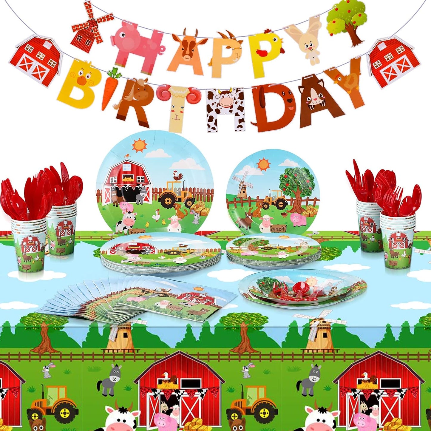 Pajean 171 Pcs Farm Animals Birthday Party Supplies, 24 Guests Barnyard Theme Disposable Tableware Set, Includes Banner, Tablecloth, Plates, Cups, Napkins, Cutlery for Baby Shower, Summer Picnic