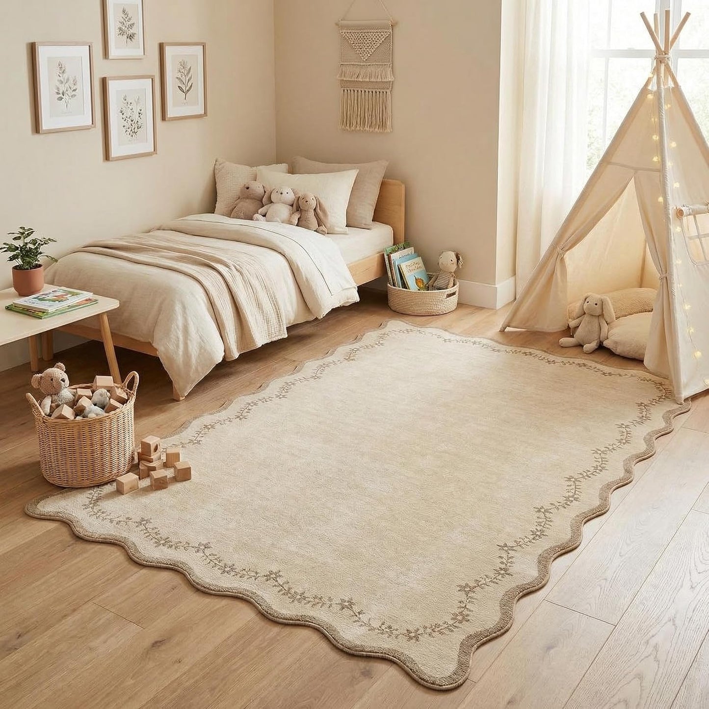 GarveeHome 4x6 Jute Scalloped Washable Area Rug for Nursery Room, Solid Floral Soft Nursery Rug Non Slip Low Pile Small Carpet Stain Resistant Throw Rug for Dorm Kids Room Office Dining Room