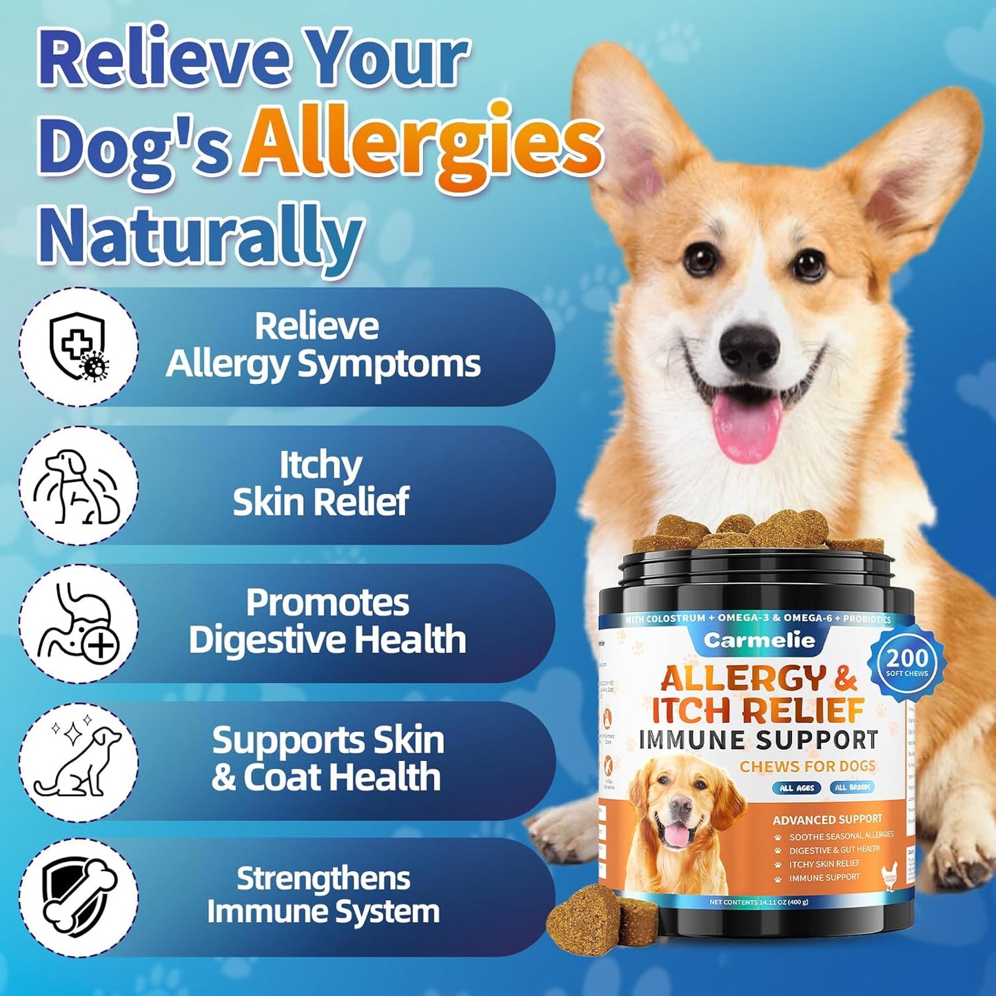 Dog & Cat Allergy Chews 200 Chews - Dog or Cat Itching Skin Relief Support - Omega 3 Probiotics- Itchy & Paw Licking Relief, Seasonal Allergies, Skin & Coat Immunity Supplement - Chicken Flavor