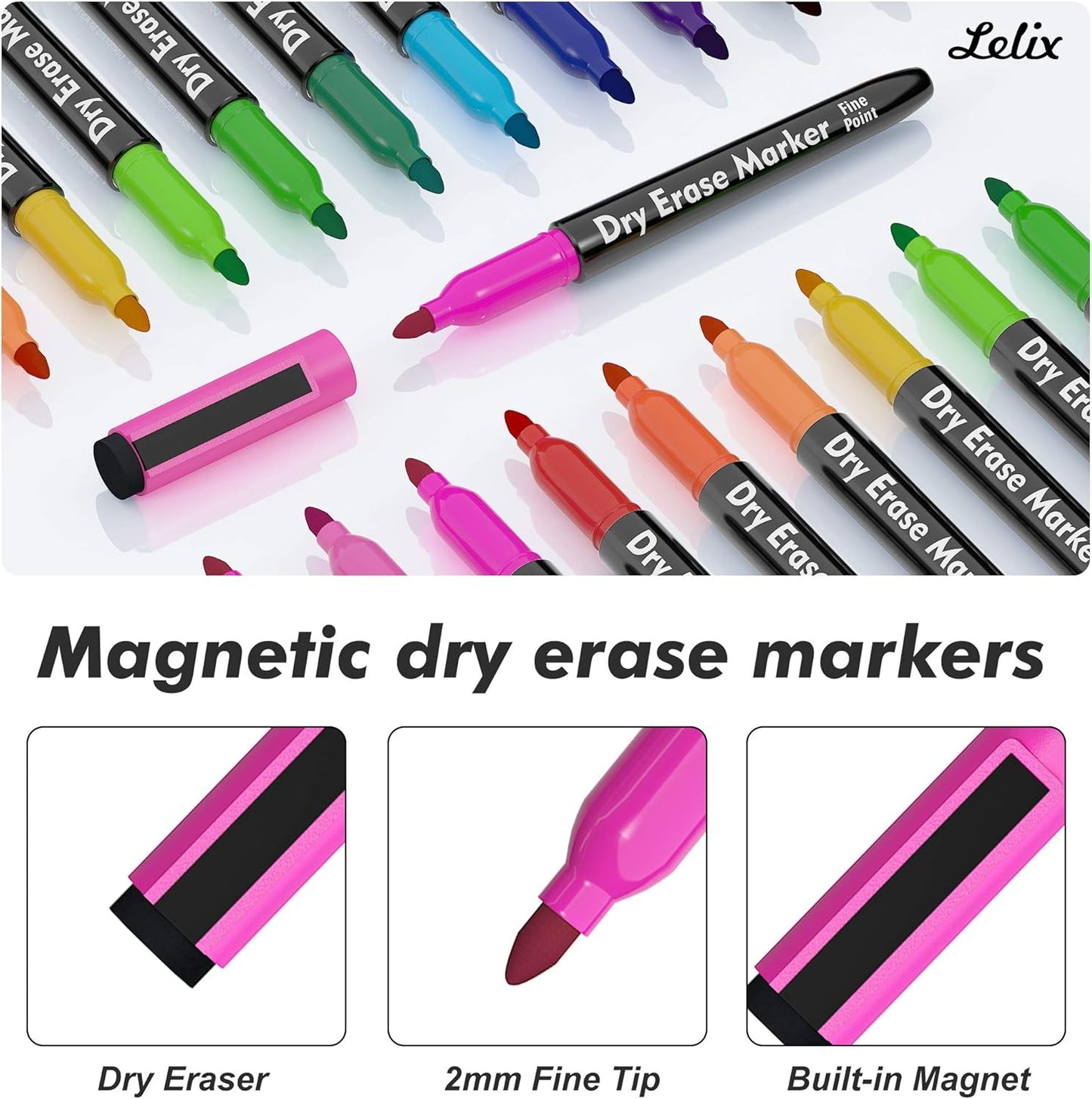Lelix 15 Colors Dry Erase Markers, Magnetic Whiteboard Markers Fine Point with Eraser for Back to School, Office, Home Perfect for Writing on White Board, Dry Erase Board, Mirror, Glass
