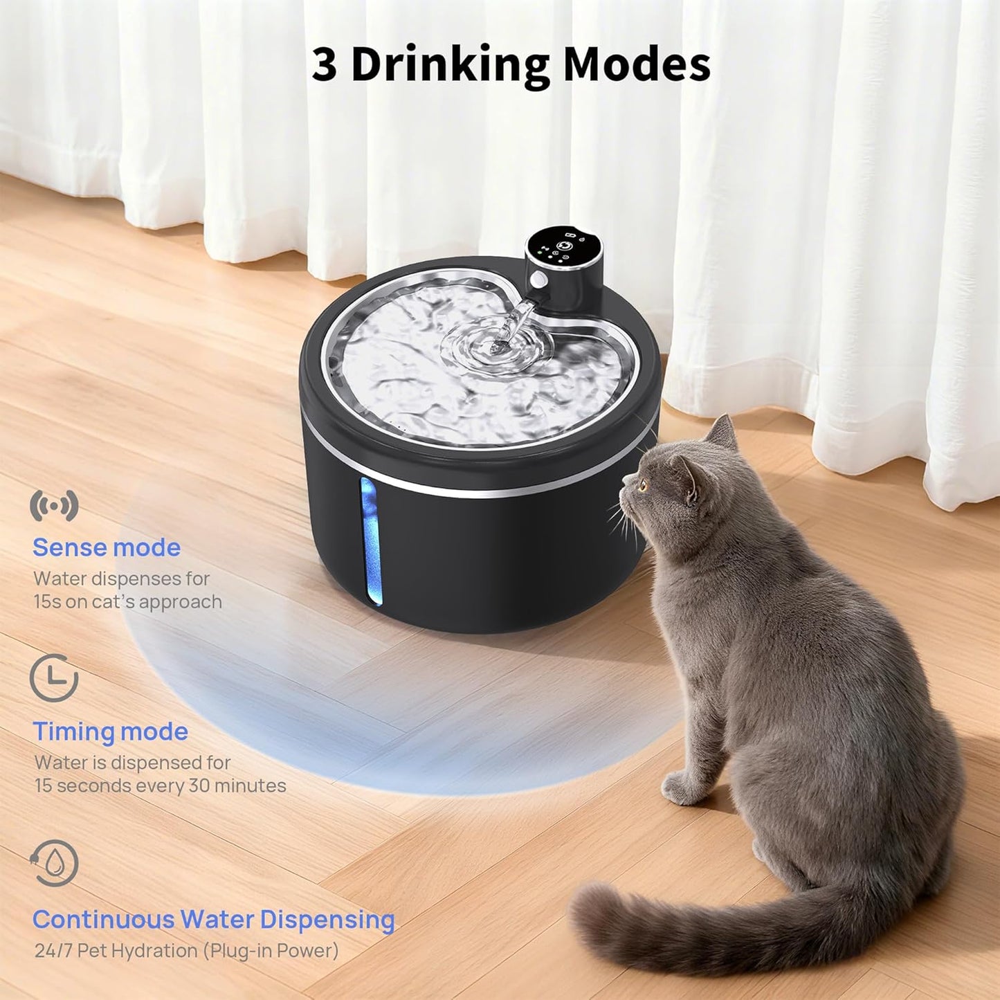 Cat Water Fountain Cordless, 108oz/3L Pet Fountains for Cats Indoor with Stainless Steel Tray, Battery Operated Cat Drinking Fountain with Motion Sens (Black) (Black)
