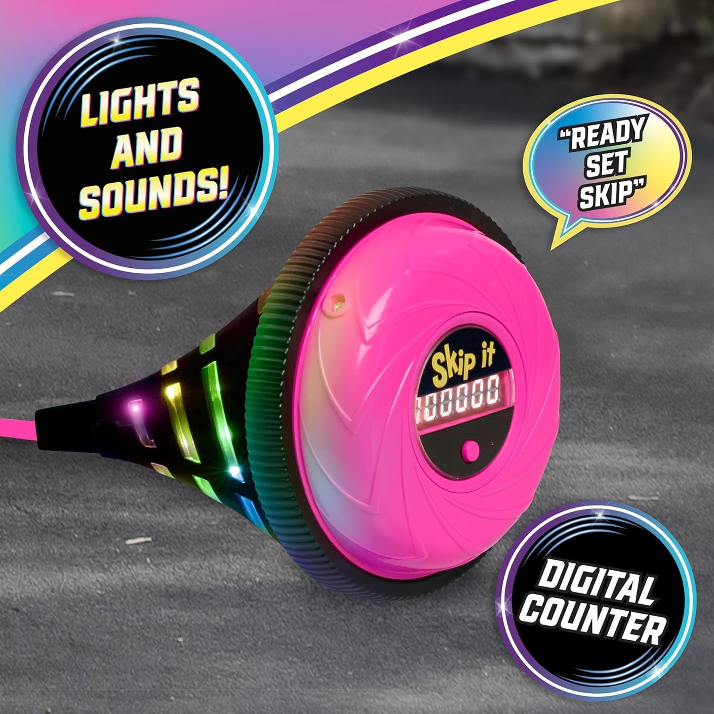 Just Play Skip It Retro Outdoor Toy, Light Up Ball and Digital Counter, Pink, Soft Foam Padded Ankle Ring, 31-inch Long, Screen Free Play, Toys for Kids Ages 5 Up