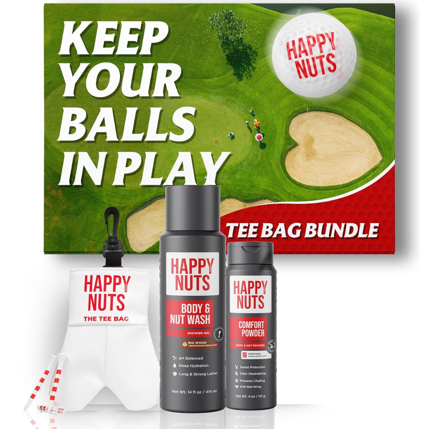 Happy Nuts Tee Bag Bundle for Men – Golf-Themed Grooming & Game Day Essentials - Perfect Men's Gift Kit for Golfers - Sandalwood Body Wash, Anti-Chafing Comfort Powder Deodorant & Golf Ball Tee Bag