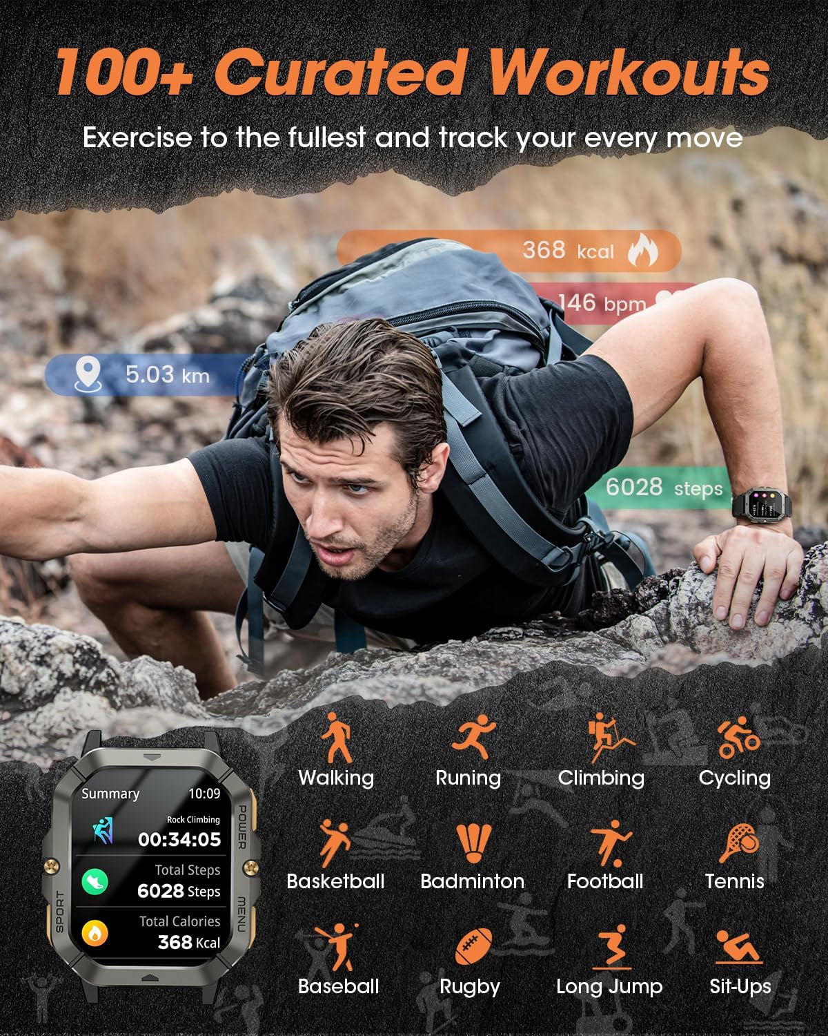 Military Smart Watches for Men (Answer/Make Calls), 2.02'' Fitness Smart Watch for Android and iPhone, Waterproof Fitness Tracker with Blood Pressure/Heart Rate/Sleep/100+ Sport Modes, Watches for Men