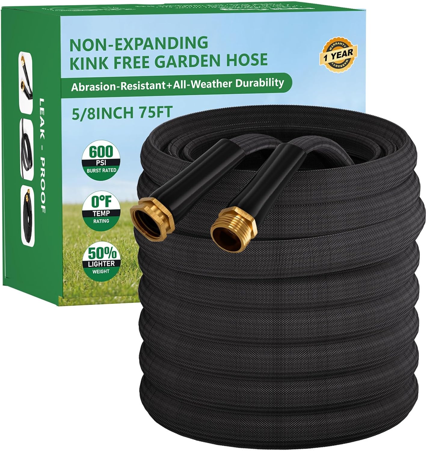 Garden Hose 75FT, Non-Expanding Water Hose Ultra Lightweight, Kink-Free, Burst-Resistant, Lead-Free, Durable & Flexible High-Pressure Hose for Yard, Lawn, Outdoor, Car Washing