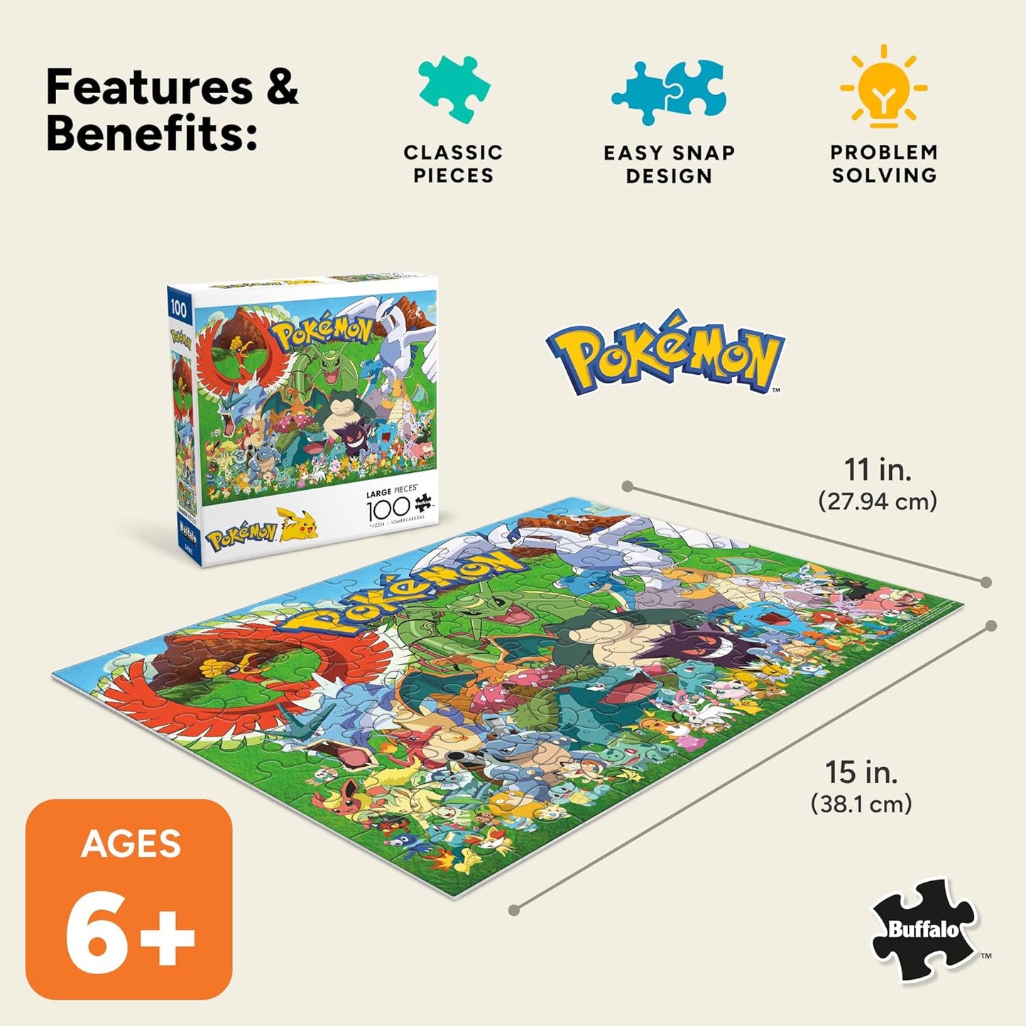 Buffalo Games - Pokémon Fan Favorites - 100 Piece Jigsaw Puzzle for Families - Premium Pokémon Puzzle for All Skill Levels - Finished Size 15.00 x 11.00