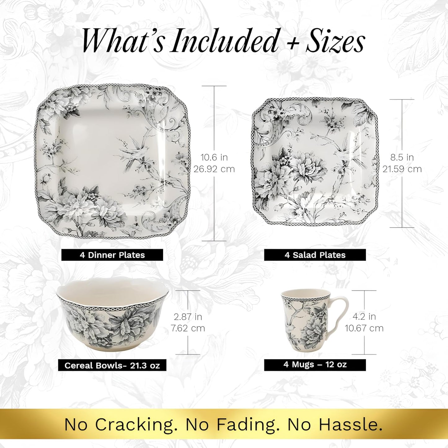 222 Fifth Adelaide 16-Piece Square Floral Dinnerware Set – Service for 4, Grey & White Porcelain Plates & Bowls, for Everyday Dining & Entertainment, Microwave & Dishwasher Safe, Chip Resistant