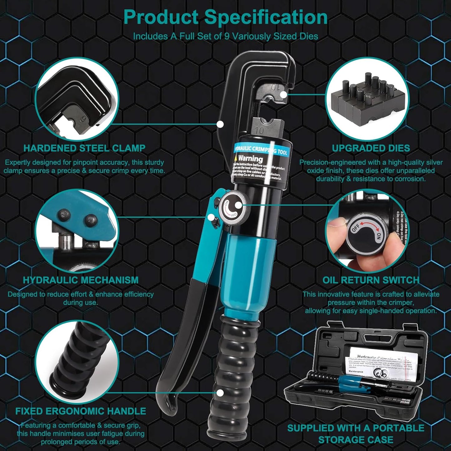 10 Tons Hydraulic Crimping Tool with 9 Dies - Battery Cable Crimper Tool & Wire Rope Crimping Tool for 12 to 2/0 AWG, 1/16" 1/8" 3/16" Stainless Steel Cable Railing Tool